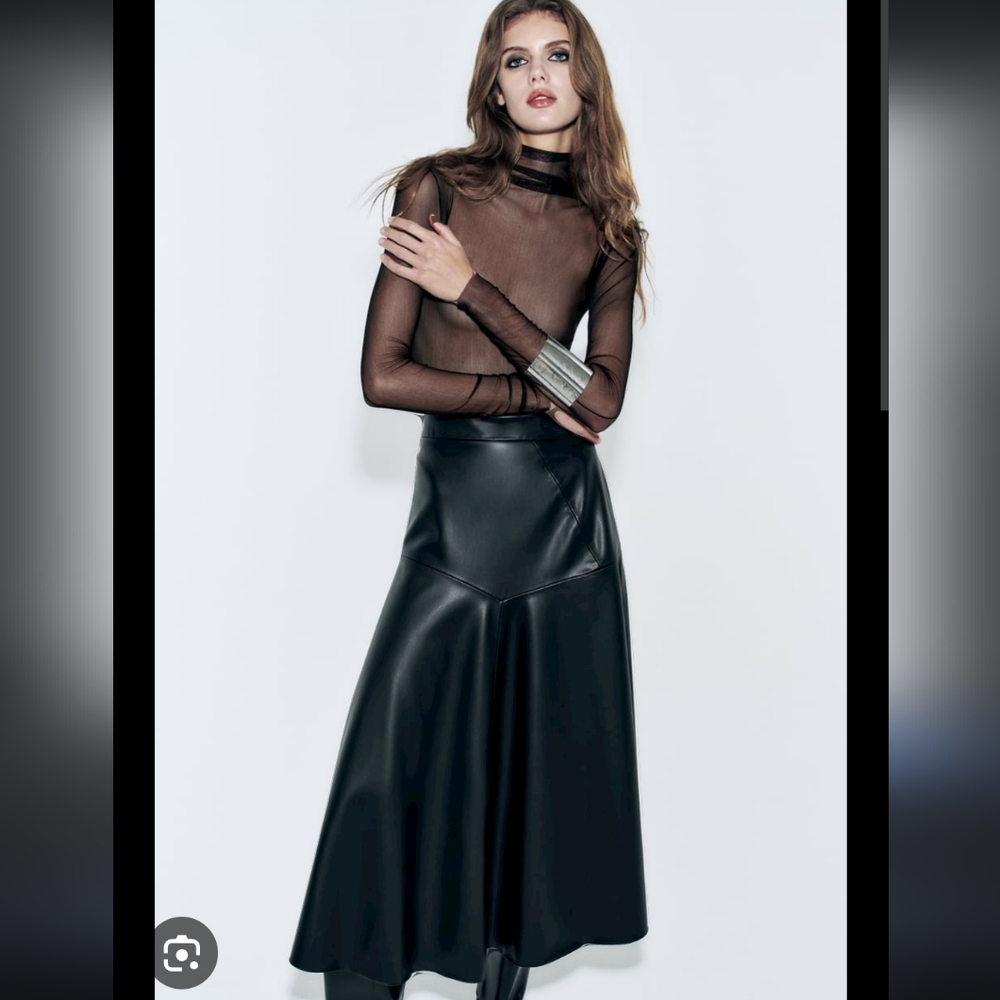 Zara black faux leather mud rise ruffled midi skirt